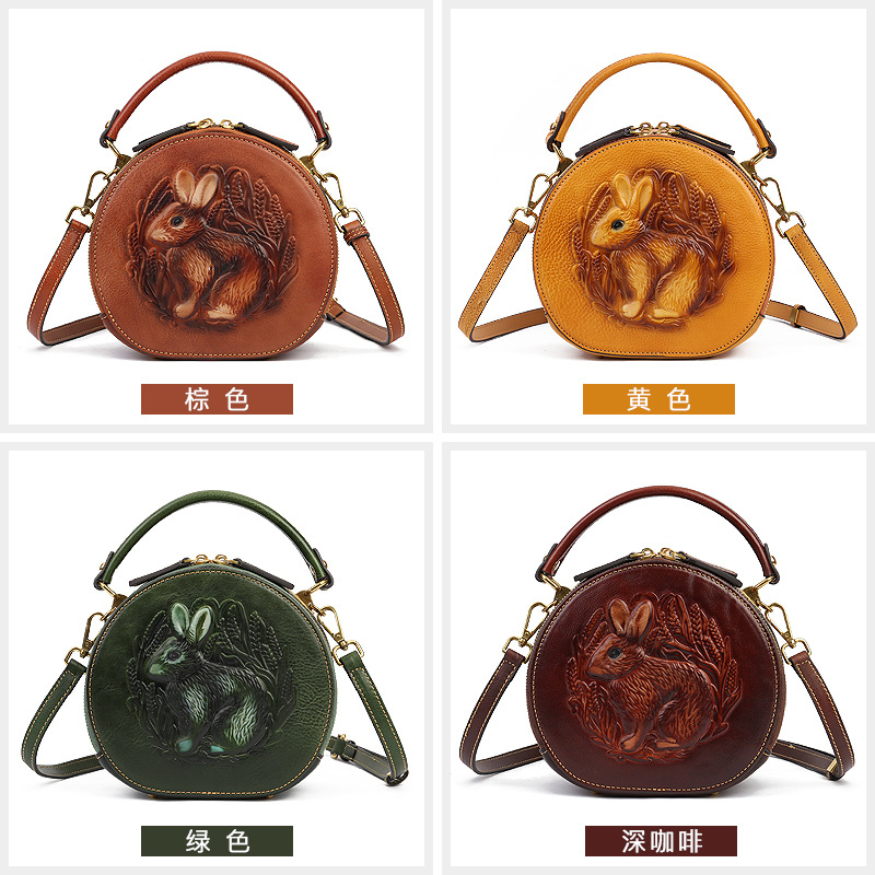 New Rabbit Embossed Handbag Genuine Leather Women's Bag Retro Ethnic Style Small round Bag First Layer Leather One-Shoulder Messenger Bag
