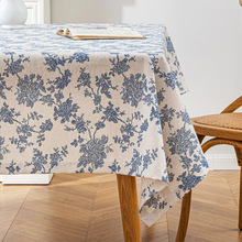 新款青花瓷碎花桌布蓝色复古布艺棉麻田园茶几台布长方形餐桌桌布