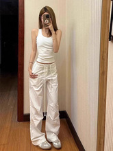美式辣妹白色工装裤女夏季薄款抽绳窄版直筒休闲裤加长垂感拖地裤