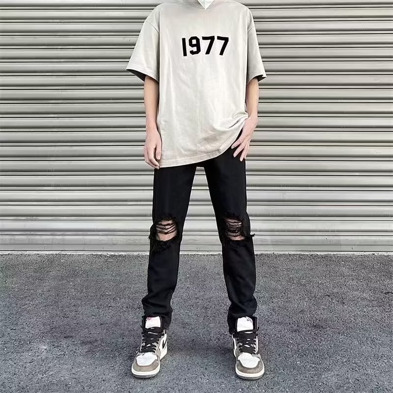 black ripped jeans men trendy brands summer american retro high street straight slim fit bootcut trousers casual pants