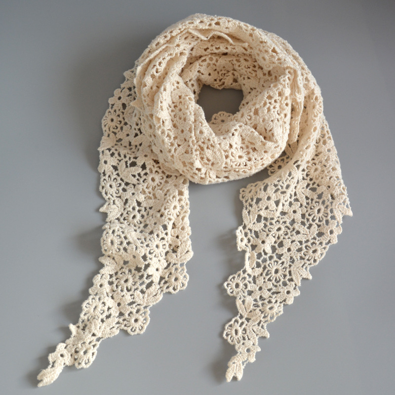 棉麻护颈米白蕾丝针织三角巾薄橄榄绿围脖镂空钩花围巾女春秋文艺