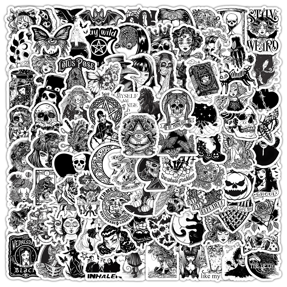 100张黑白哥特风小物件涂鸦贴纸恐怖骷髅头装饰笔记本手机壳贴画