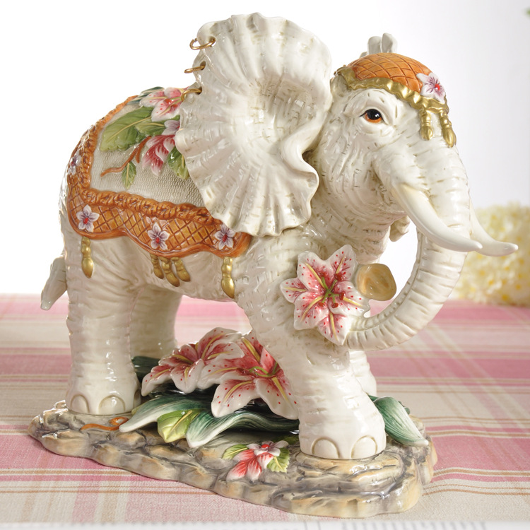 Ceramic Lily Elephant Wine Cabinet Desktop Hallway TV Cabinet Chinese Household Crafts Decoration Housewarming Gift