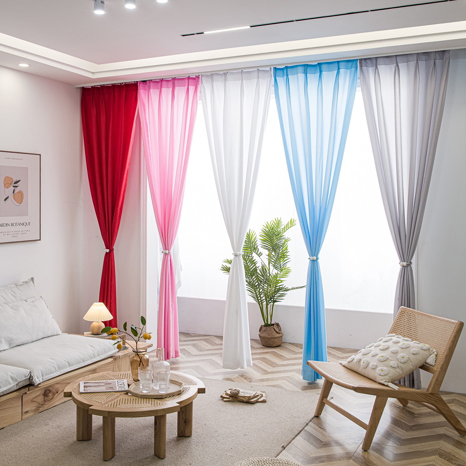 红灰色蓝粉白色透光不透人薄窗帘布天丝绒纱帘半遮光阳台柯桥批发