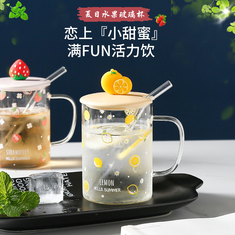 Korean Style Fruit Glass Mug Ins Harajuku Fresh Cup with Straw with Cover Water Cup Student Gift Cup