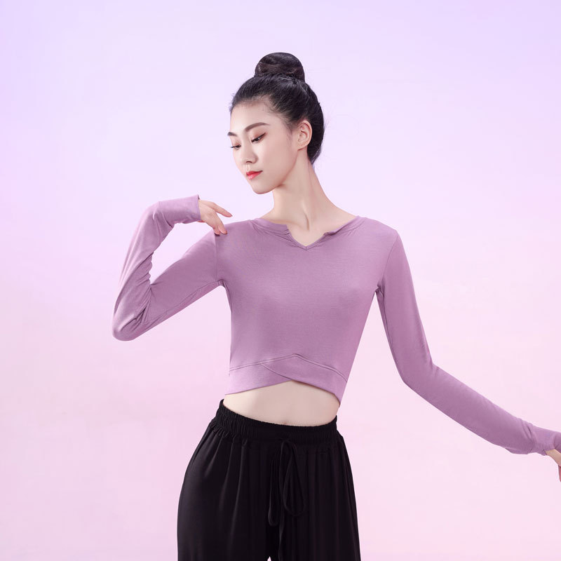 肚皮舞舞蹈服女显瘦长袖指扣上衣现代舞练功服形体训练健身瑜伽服