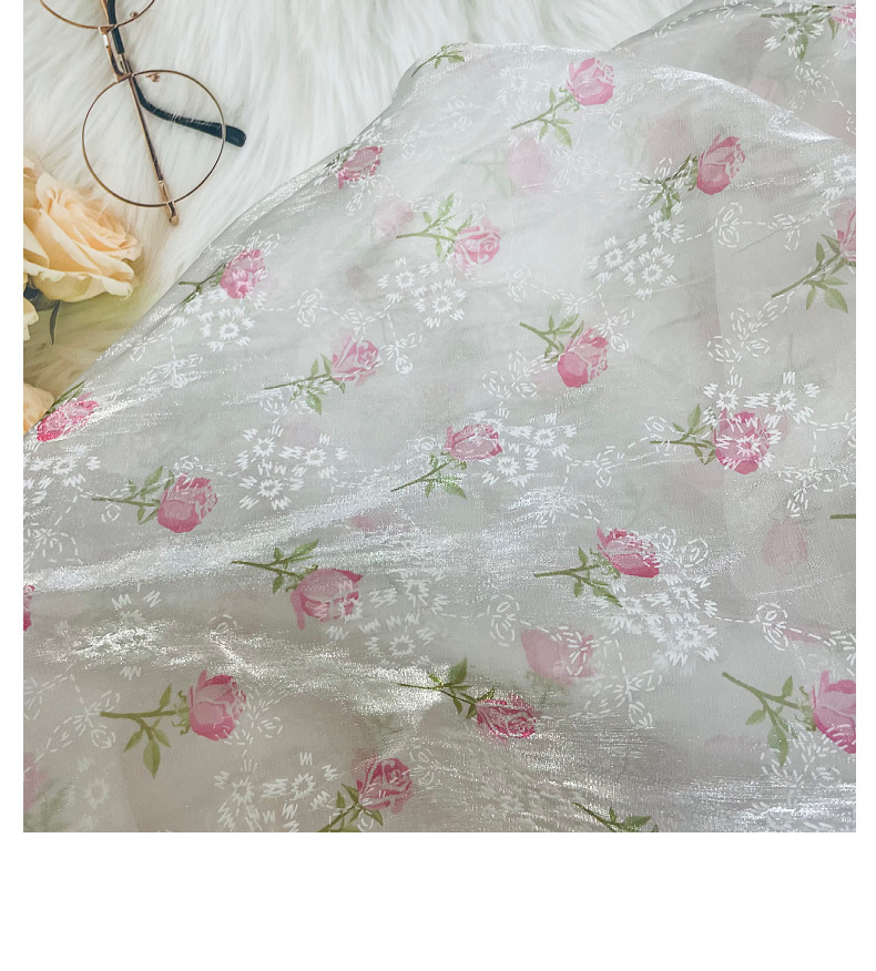 百合缎欧根纱印花面料 亮丝闪光缎面欧根纱玫瑰印花布料 童装软纱详情16