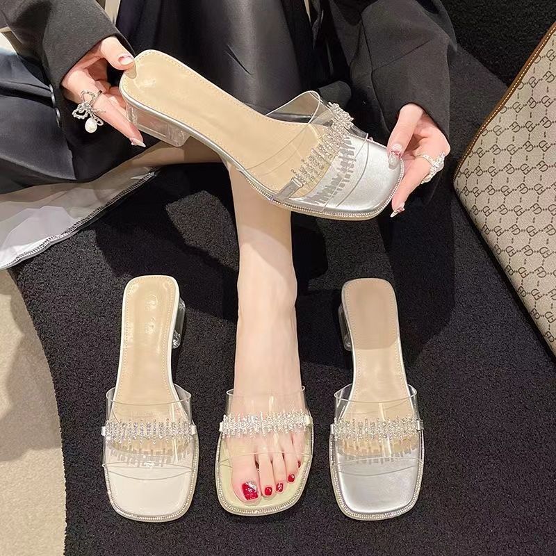 仙女风水晶透明凉拖女2024春季新款法式粗跟小众百搭外穿一字凉拖