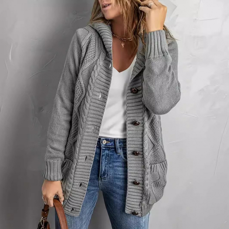 欧美亚马逊wish速卖通外贸跨境大码女装eaby针织长袖纯色连帽开衫