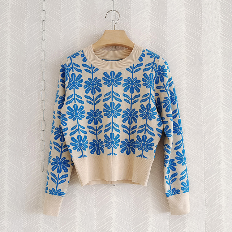 法式优雅2021早秋新款时尚雏菊提花圆领长袖针织上衣女毛衣实拍