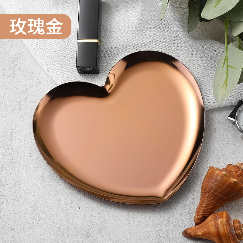 Ins Stainless Steel Heart-Shaped Tray Cosmetics Jewelry Tray Metal Storage Tray Home Decoration Plate Sweetheart Plate