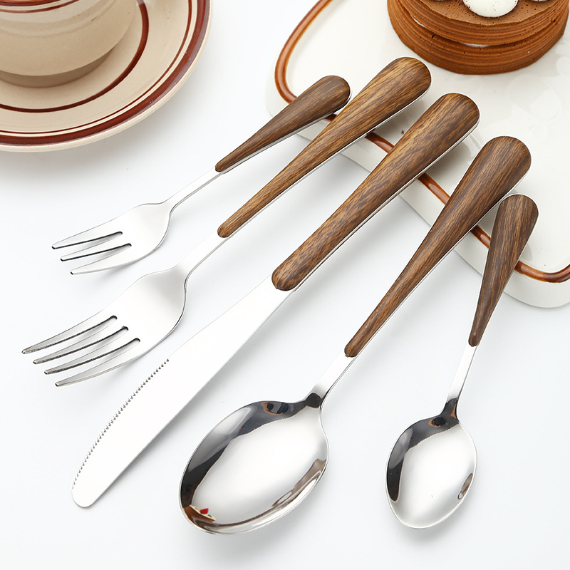 Imitation Wooden Handle Stainless Steel Tableware Suit 1010 Hotel Western Tableware Steak Knife Dessert Spork Five-Piece Set