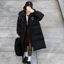 画解新款WAHJUIS韩剧女学生黑色棉服连帽过膝中长款羽绒棉衣外套