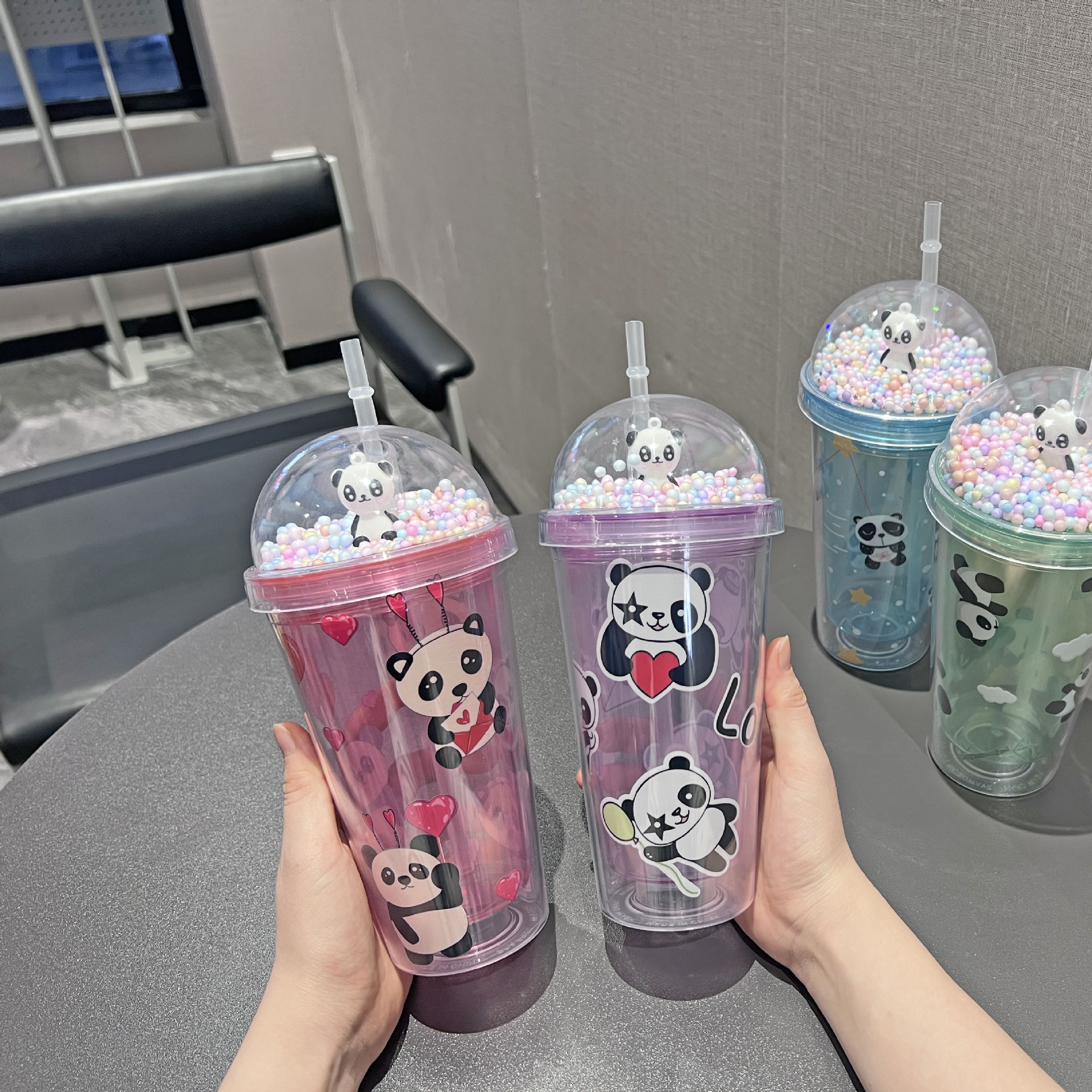 Cross-Border New Arrival Panda Water Cup Double-Layer Ice Crack Crushed Ice Cup Plastic Cup Wholesale Large Capacity Cartoon Portable Straw Cup