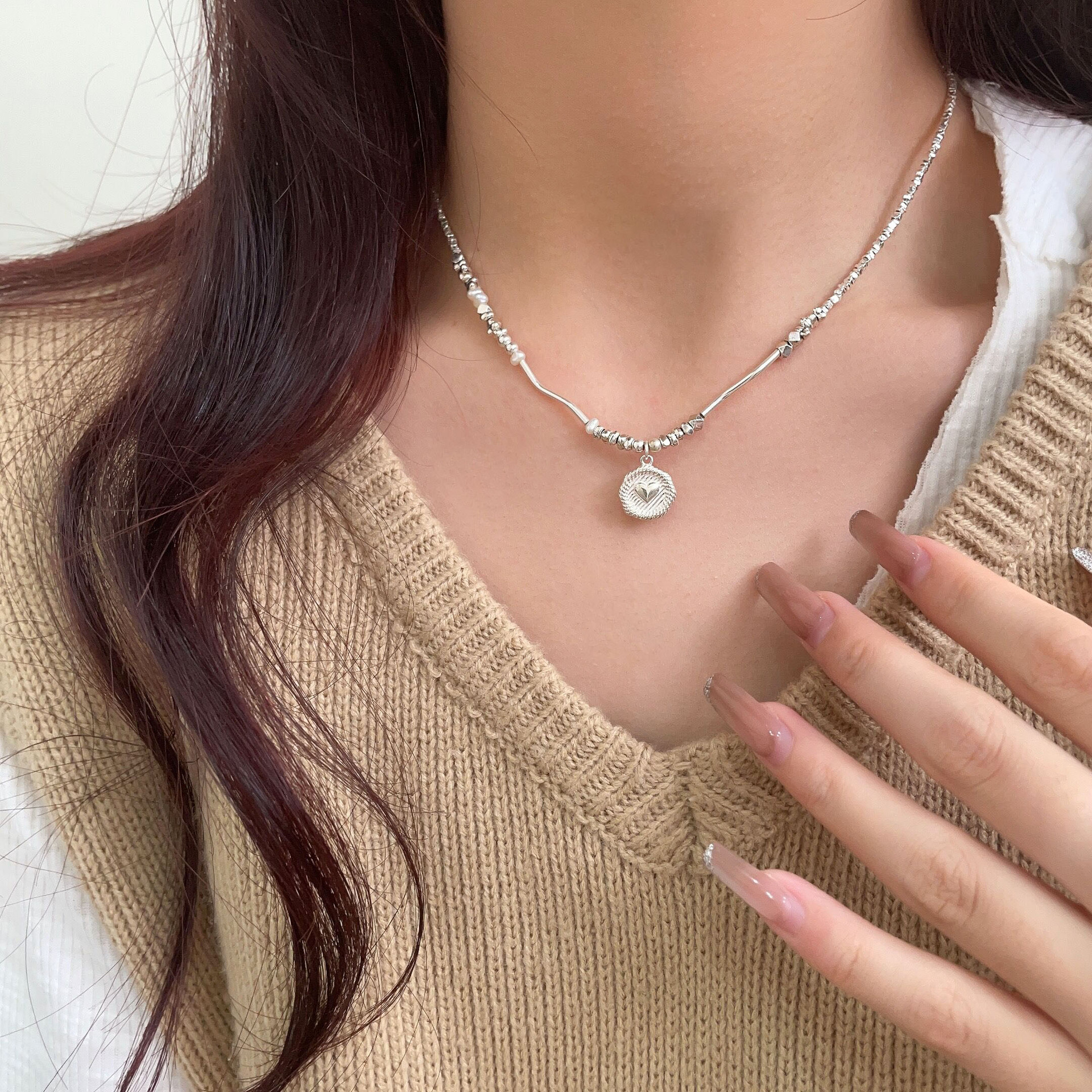 银瑞泰s925纯银碎银子圆牌纯银项链女2024新款爆款小众设计锁骨链