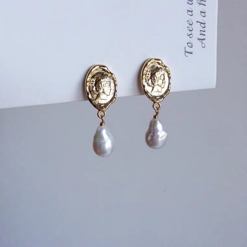 天然巴洛克淡水褶皱水滴珍珠耳环复古人像欧美风耳饰优雅公主梦女