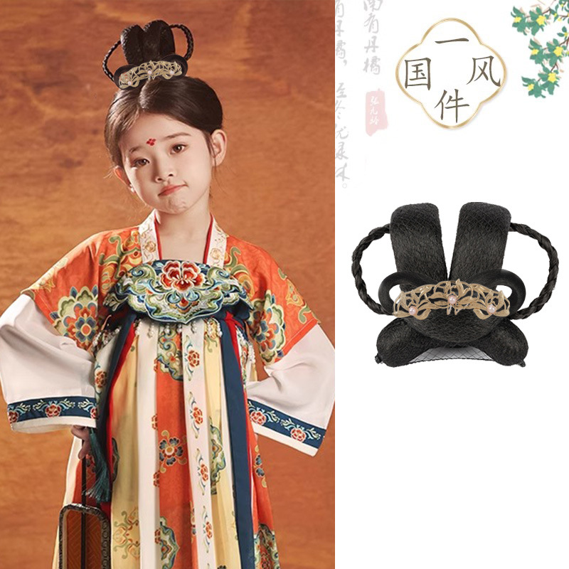 汩江儿童汉服假发女童古风盘发发髻头饰古装蝴蝶结发包明制发型垫