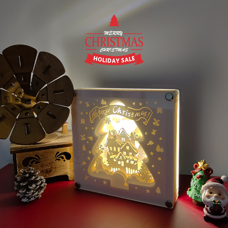 创意方形圣诞3d光影纸雕灯节庆氛围小夜灯文创桌面摆件礼品批发