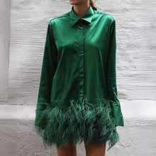 亚马逊Ebay2024春季新款跨境女装速卖通欧美风拼接毛毛长袖连衣裙