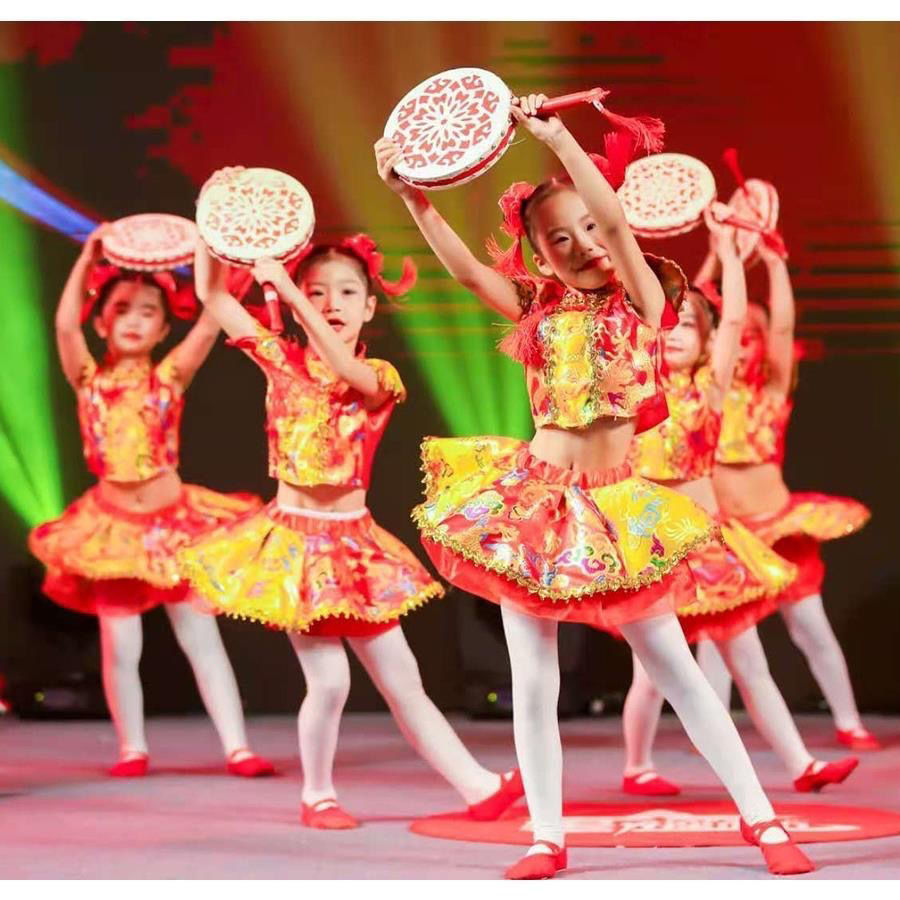 六一儿童演出服说唱红喜庆风秧歌服幼儿太平鼓民族舞蹈表演服
