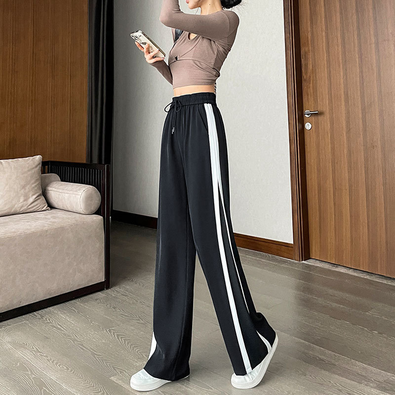 Drawstring Wide-Leg Pants Women's Pants 2023 Spring and Summer High Waist Straight Loose Black Casual Spring and Autumn Repair Sports Trousers
