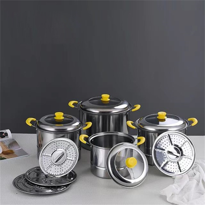 Stainless Steel Soup Bucket Set 22-28cm Four-Piece Combination Cover Steamer Straight Angle Pot Eight-Piece Set Couscous Pot