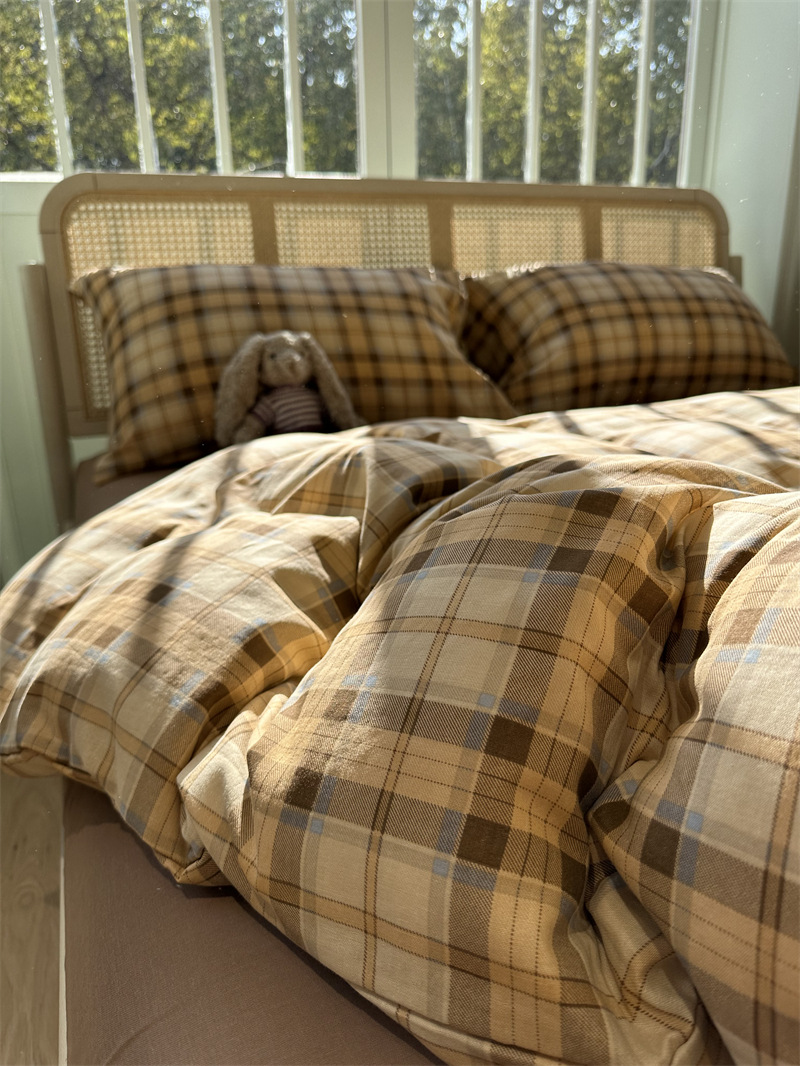 a类母婴级双层纱棕色格子棕色纯棉四件套1.5m1.