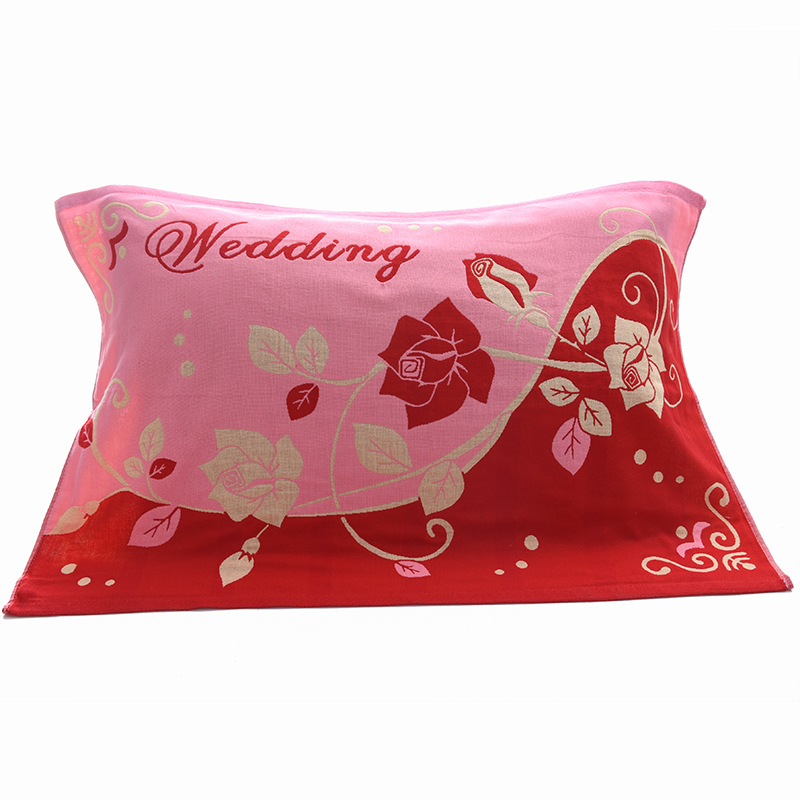 两条装三层纱布纯棉枕巾布艺结婚回礼大红全棉吸水枕头巾一对装功