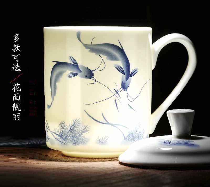 景德镇家用茶杯杯子亚彩器瓷茶杯带盖骨瓷杯500ml青花瓷陶喝办公