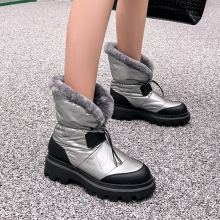 羽绒布短靴女2022年秋冬季新款厚底防水台保暖羊毛雪地靴拼色羽绒