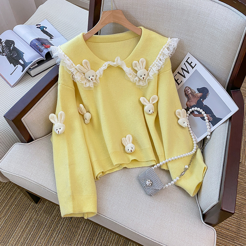 2023 Clear Sweet New Lace Lapel Three-Dimensional Little Bunny Paste Knitted Loose Sweater Women's Pullover