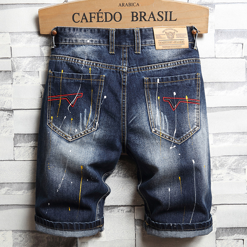 。。  Summer New Embroidered Men's Denim Shorts Ripped Straight Blue Casual Cropped Pants European and American Jeans