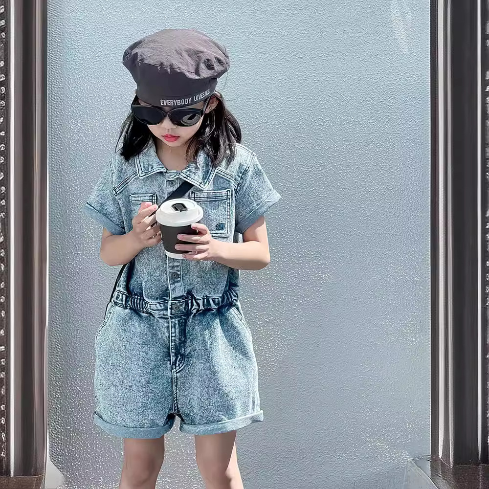 女童中大童港风牛仔连体裤2024夏季新款卷边儿童短裤热裤外贸