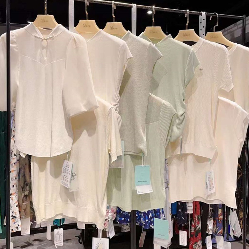 24夏范诗辰桑蚕丝冰丝糖果色简约半袖针织上衣品牌折扣女装现货批