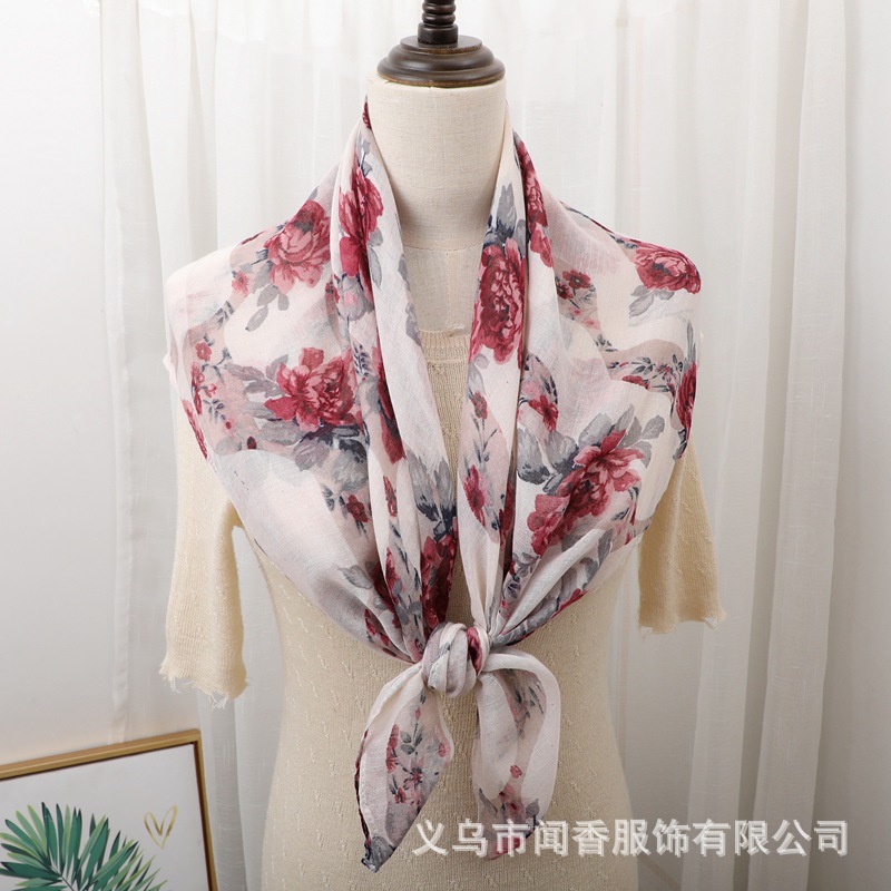 Rose Print 90 Square Scarf Voile Thin Cotton and Linen Soft Scarf Sunscreen Scarf Small Shawl Toe Cap Warming Kerchief