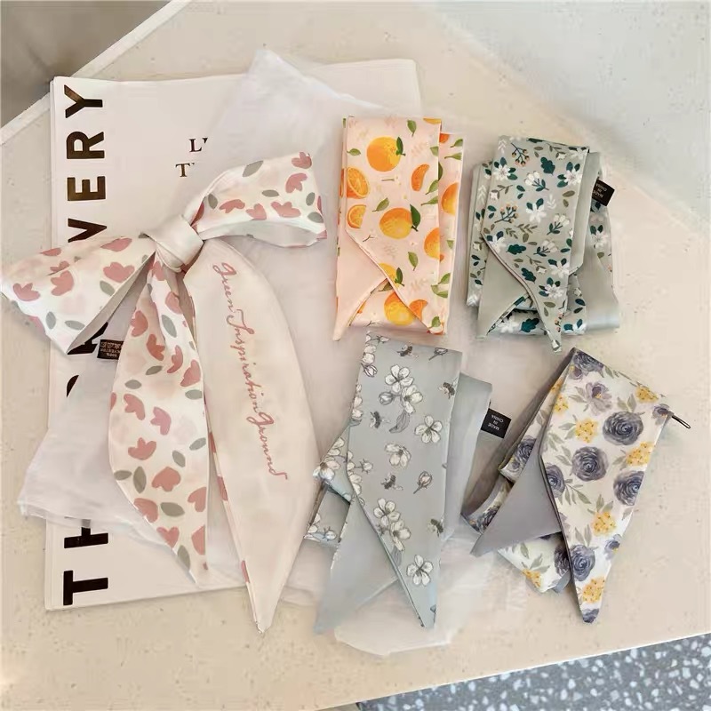 Retro French Silk Scarf Hair Band Hair Tie Bow Headdress Spring New Hair Accessories Multi-Purpose Braided Hair Long Streamer Hair Ring