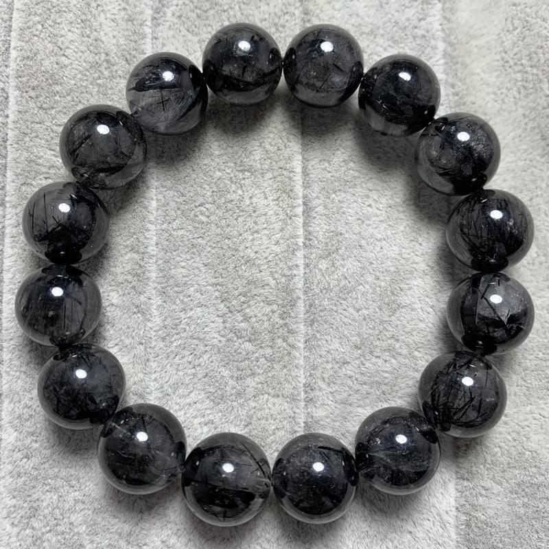天然黑发晶手链一物一图黑钛晶招财转运黑色水晶单圈手串男女