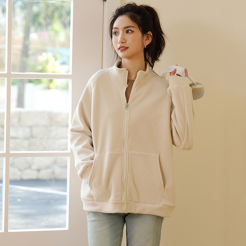 Polar Fleece Jacket Cashmere Women's Autumn and Winter Fleece-Lined Padded Cardigan Loose Zip Stand Collar Fleece Shirt Top Sweater