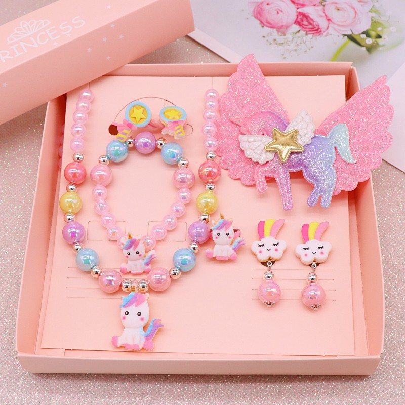 Children's Necklace, Bracelet Set Cute Cartoon Unicorn Girl Necklace Student Bead String Jewelry