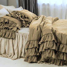 新品风纯亚麻花边四件套新款纯色1.8/2m床单枕套被罩三件套
