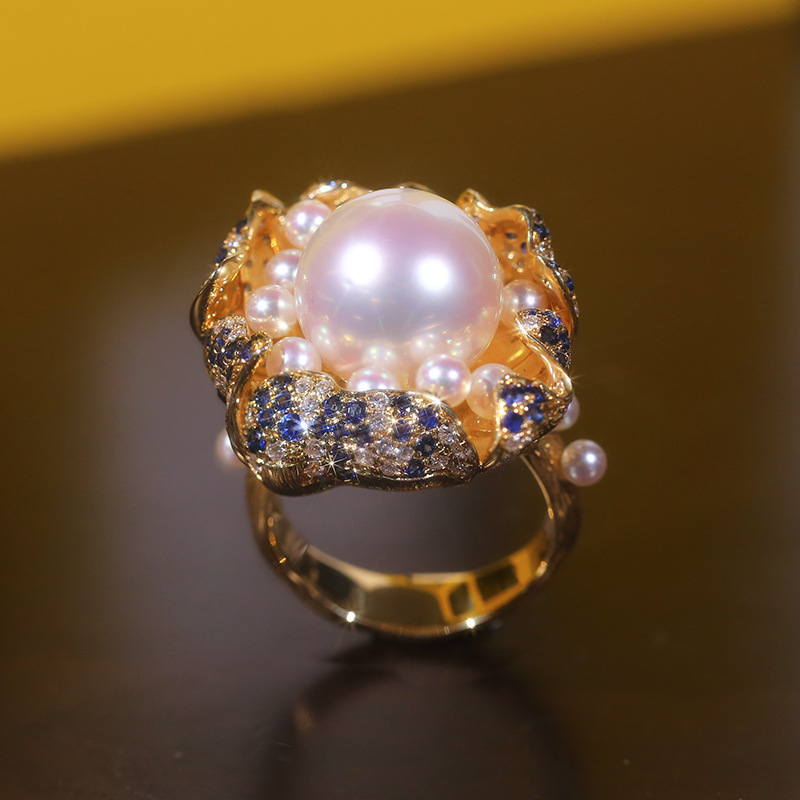 维纳斯澳白珍珠蓝宝石钻石戒指 18k拉丝搭配akoya珍珠