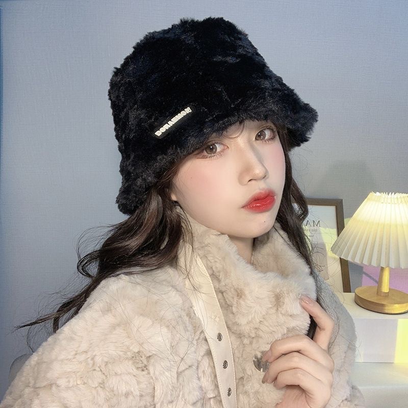 Plush Bonnet Women's Autumn and Winter Korean Style Beige Japanese Style Knitting Woolen Cap Warm Fisherman Hat Earflaps Slipover Bucket Hat