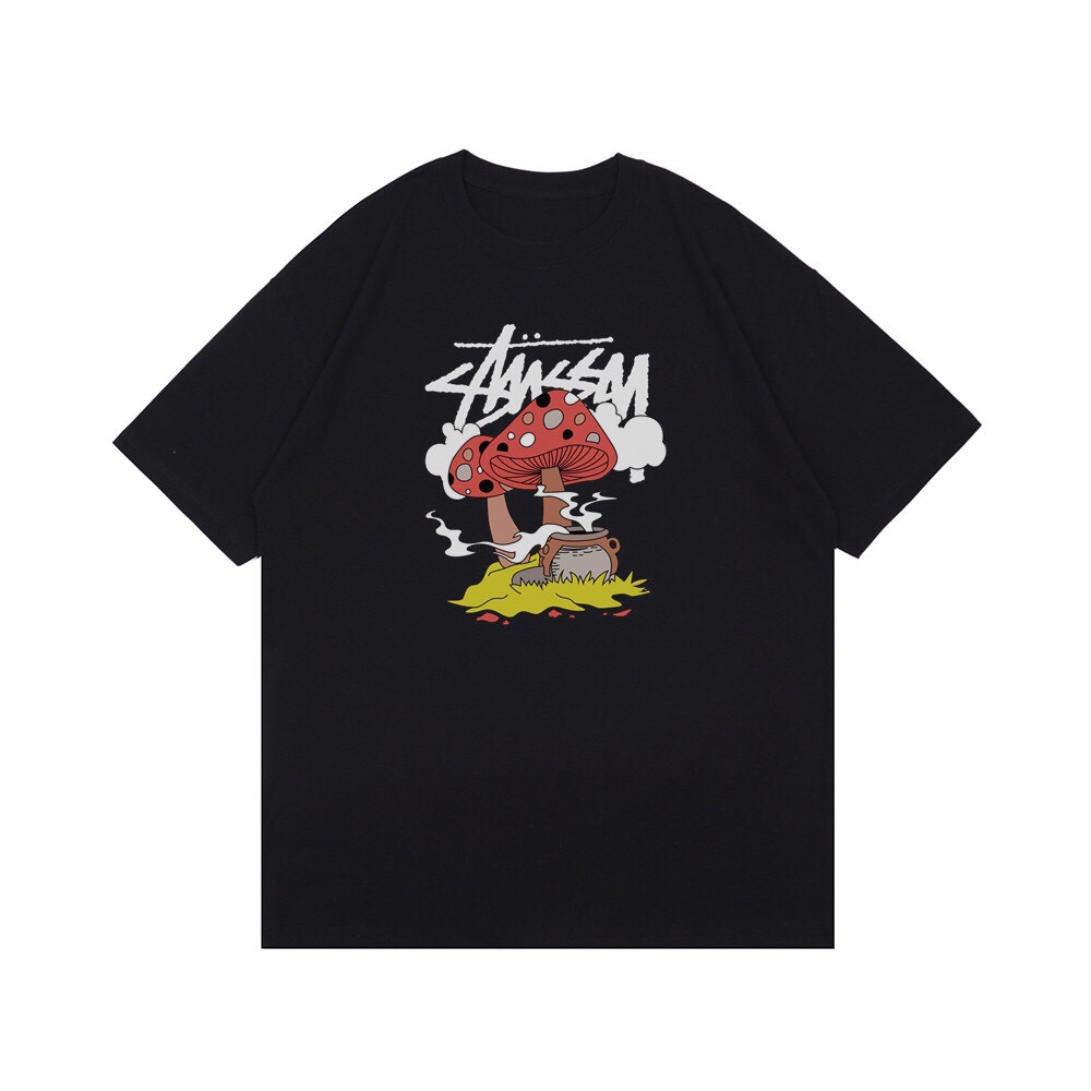 23夏季stussy新款男女情侣宽松创意蘑菇屋印花t恤 潮牌休闲短袖