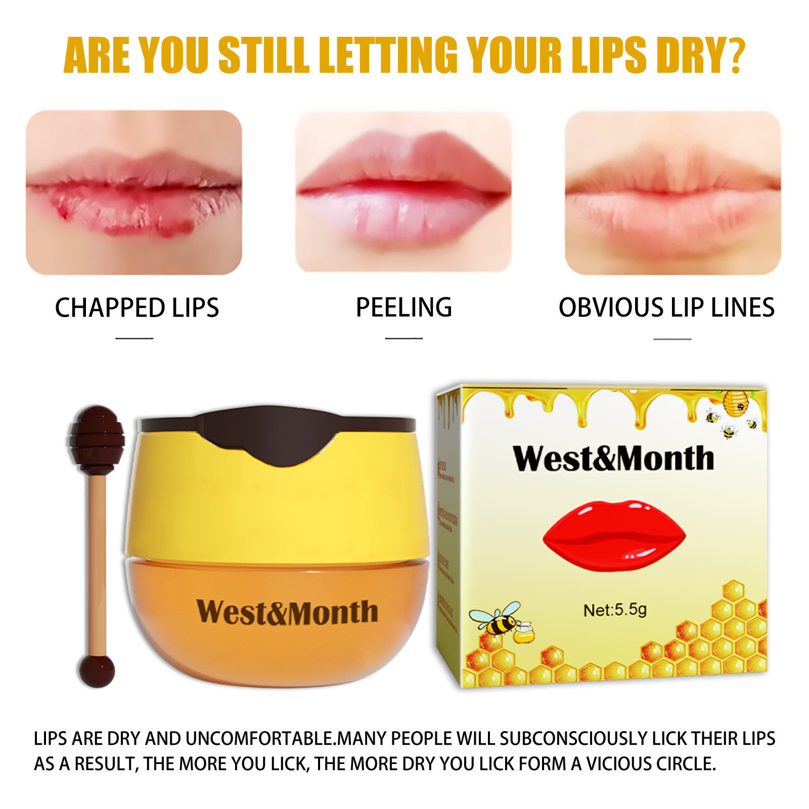 West & Month Honey Lip Balm Moisturizing Non-Greasy Easy to Absorb Moisturizing Fade Lip Lines Lip Balm