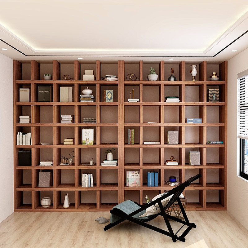 满墙书柜客厅整墙全实木书架落地格子架置物架老榆木原木书架书柜