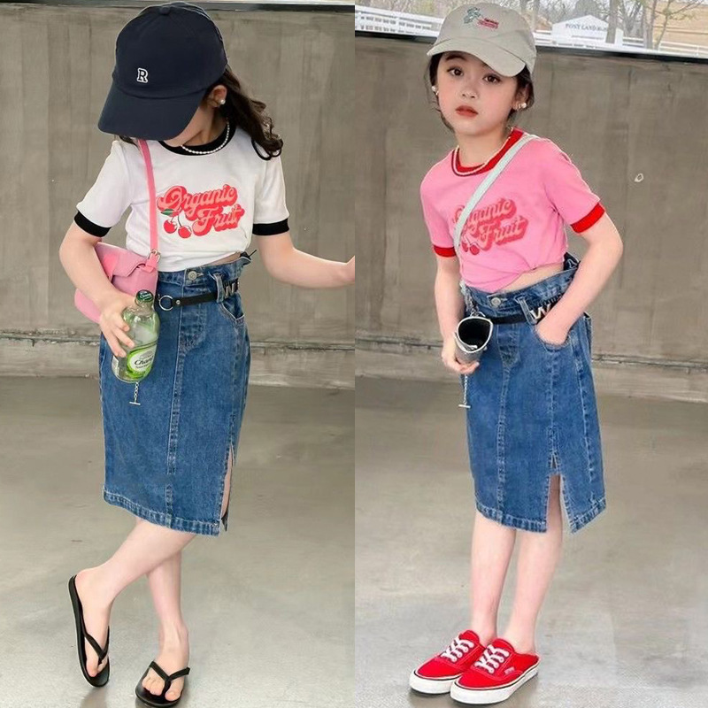 girls‘ korean-style sweet cool suit 2024 new cherry short-sleeved t-shirt denim skirt trendy cool fried street two-piece suit