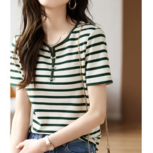 日韩外贸条纹撞色装饰扣上衣23夏季新款休闲设计感舒适短袖T恤女