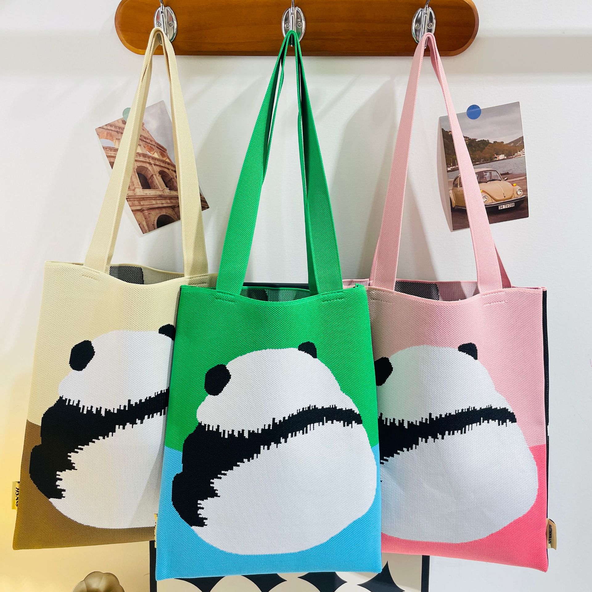 小众设计可爱熊猫针织单肩包手提包个性百搭通勤大容量帆布袋女包