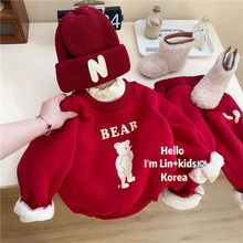 韩系童装2023冬装新款男童女童运动套装儿童红色加绒卡通卫衣裤子