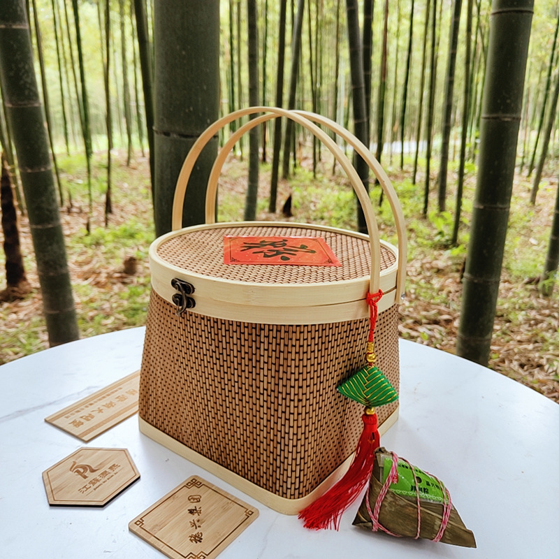Bamboo Woven Portable Rice Dumpling Moon Cake Bamboo Basket Packaging Food Fruit Egg Storage Box Specialty Waxberry Dragon Boat Festival Gift Box
